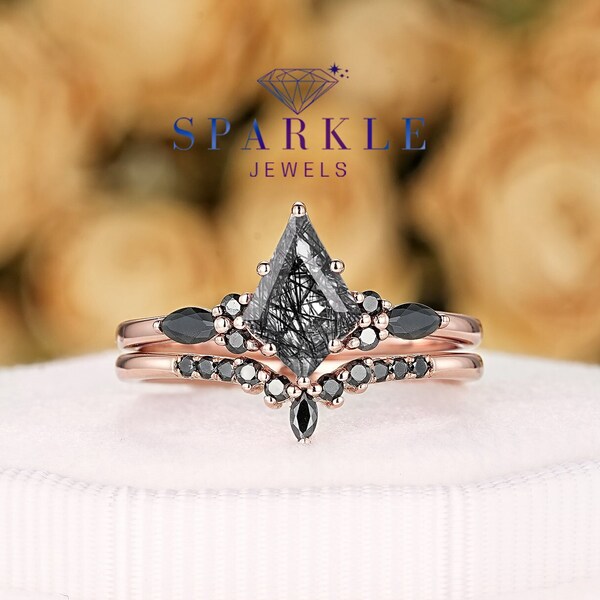 Unique Kite Cut Black Rutilated Engagement Ring Set, V Shape Rose Gold Bridal Set, Black Moissanite Promise Ring, Wedding Ring for Women