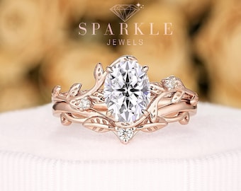Nature Inspired Oval Shape Moissanite Leaf Engagement Ring Set, 14K Rose Gold Twig Branch Promise Ring Vine Wedding Anniversary Ring for her