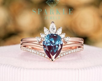 Pear Shape Alexandrite Cluster Engagement Ring Set, Unique Rose Gold Chevron Promise Ring, June Birthstone Bridal Ring, Split Shank Ring
