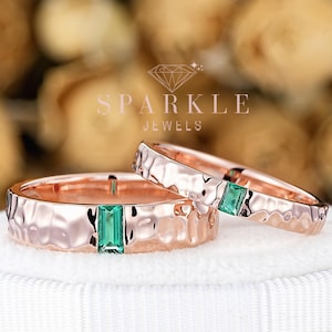 Hammered Full Eternity His and Hers Baguette Emerald Couple Ring Set Rose Gold Wedding Matching Band, Solitaire Engagement Ring Men Women