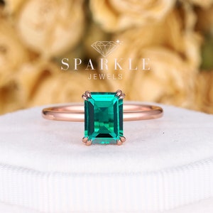 Vintage Emerald Solitaire Engagement Ring, Unique 14K Rose Gold Emerald Cut May Birthstone Wedding Ring, Plain Band Promise Ring Gift