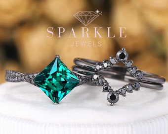 3PCS Vintage Princess Cut Emerald Engagement Ring, Unique Rhodium Black Emerald Promise Ring, Bridal Set Wedding Set, Black Promise Ring