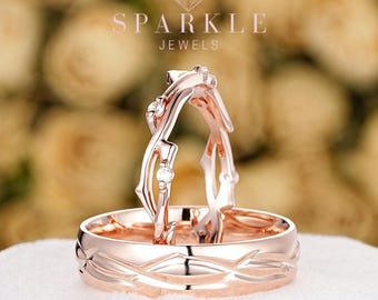 Nature Inspired His and Hers Leaf Wedding Set, Full Eternity Rose