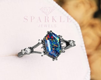 Hexagon Shape Black Fire Opal Engagement Ring, Unique Milgrain Black Fire Opal Wedding Ring, Dark Opal Promise Witchy Ring Gift For Women