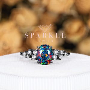 Gothic Oval Shape Black Opal Cluster Engagement Ring, Mix Fire Opal Black Gold Wedding Ring Rhodium Black Gold Promise Ring Anniversary Gift