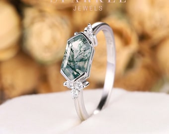 Unique Long Hexagon Moss Agate Engagement Ring, Vintage 14K White Gold Pomise Ring, Silver Mossy Agate Wedding Ring Anniversary Gift for her