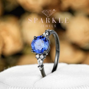 Black Gold Cornflower Blue Sapphire Engagement Ring, Gothic Black Rhodium Ring, Round Shape Sapphire Dark Wedding Ring gift for friend