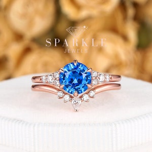Conjunto de anel de noivado de espinel azul vívido brilhante vintage, anel de promessa de espinel de ouro rosa exclusivo, conjunto de noiva de espinel azul cobalto, presente de aniversário