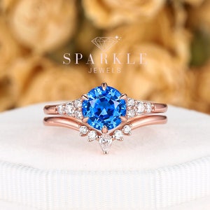 Vintage Brilliant Vivid Blue Spinel Engagement Ring Set, Unique Rose Gold Spinel Promise Ring Cobalt Blue Spinel Bridal Set Anniversary Gift