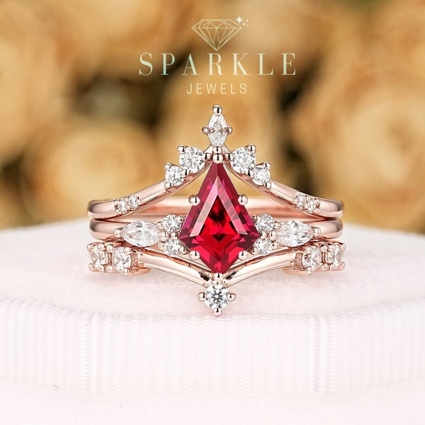 3PCS Kite Cut Ruby Engagement Ring Set, V Shape Rose Gold Bridal Set, Chevron Red Ruby Promise Ring,  Curved Wedding Ring Gift for Women