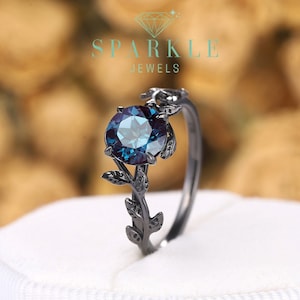 Vintage Black Gold Leaf Alexandrite Engagement Ring, Unique Solitaire Alexandrite Wedding Ring, Rhodium Black Twig Anniversary Promise Ring