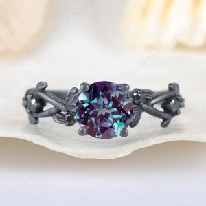 Vintage Black Gold Leaf Alexandrite Engagement Ring, Unique Round Alexandrite Wedding Ring, Rhodium Black Twig Anniversary Promise Ring