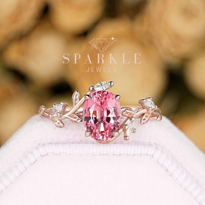 Vintage Padparadscha Pink Sapphire Leaf Engagement Ring, Unique Rose Gold Vine Wedding Ring, Twig Promise Ring Anniversary Gift for Women