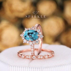 Vintage Oval Turquoise Engagement Ring Set, Unique 14K Rose Gold Floral Halo Wedding Promise Ring Blue Turquoise Bridal Set Anniversary Ring