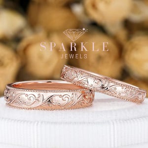 Nature Inspired Floral Couple Engagement Ring Set, Rose Gold Flower Promise Ring Matching Band, His and Hers Milgrain Wedding Band Men Women