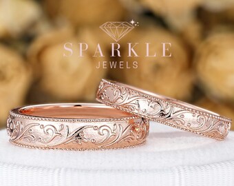 Nature Inspired Floral Couple Engagement Ring Set, Rose Gold Flower Promise Ring Matching Band, His and Hers Milgrain Wedding Band Men Women