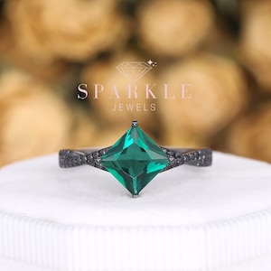Black Gold Princess Cut Emerald Engagement Ring, Rhodium Black Finish Gothic Emerald Wedding Ring ,Unique Anniversary Ring Gift for her