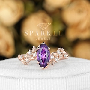 Vintage Marquise Cut Amethyst Leaf Engagement Ring, Unique Amethyst Wedding Ring, Art Deco Rose Gold Silver 925 Promise Ring Gift for Women
