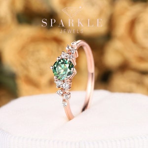 Vintage Round Green Moissanite and Diamond Cluster Engagement Ring, 14K 18K Rose Gold Moissanite Wedding Ring, Snowdrift Promise Ring Gift