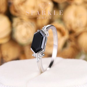 Vintage Long Hexagon Black Onyx Engagement Ring , Art Deco 14k White Gold Black Stone Promise Ring, Unique Cluster Wedding Ring Gift for her