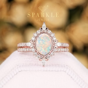 Unique Natural Australian Opal Halo Engagement Ring Set, Oval Shape Opal 14K 18K Rose Gold Floral Promise Ring PeekaBoo Setting Wedding Ring