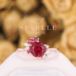 Vintage Round Cut Ruby Engagement Ring,  Art Deco Cluster Promise Ring,  14K Rose Gold Ruby Wedding Ring, Unique Ruby Anniversary Ring Gift