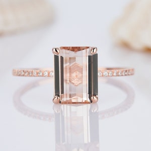 Vintage Pink Morganite Engagement Ring, 14K Rose Gold Emerald Cut Peach Morganite Wedding Promise Ring,  Diamond Moissanite Ring for Women