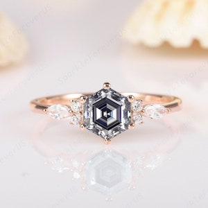 Unique Hexagon Gray Moissanite Engagement Ring, Dainty 14K Rose Gold Grey Moissanite Wedding Ring, Vintage Promise Anniversary Ring Gift