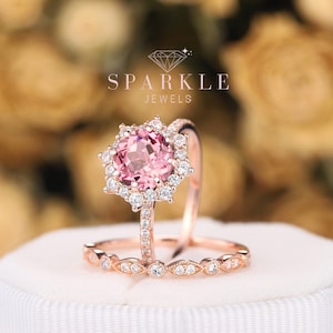 Round Shape Pink Sapphire Halo Engagement Ring Set, Unique 14K Rose Gold Sapphire Wedding Ring, Promise Ring Anniversary Gift for girl