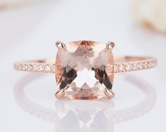 Anello di fidanzamento vintage in morganite rosa naturale con taglio a cuscino in oro rosa, anello di promessa nuziale in morganite color pesca, anello di moissanite con diamanti per donna