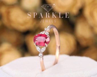 Dainty Oval Natural Ruby Engagement Ring, 14K Solid Rose Gold Red Ruby Diamond Wedding Ring, Ruby Promise Anniversary Ring Gift for Women