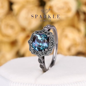 Black Gold Cushion Cut Alexandrite Black Engagement Ring, Rhodium Black Halo Promise Ring, Black Wedding Ring, Goth Black Wedding Ring Gift