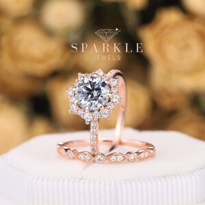 Vintage Round Gray Moissanite Engagement Ring Set, Unique Rose Gold Floral Grey Moissanite Halo Wedding Promise Ring, Moissanite Bridal Set