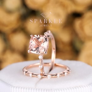 Vintage Pink Morganite and Diamond Engagement Ring Set, Unique 14k Rose Gold Cushion Cut Morganite Bridal Set Proposal Wedding Ring Her Gift