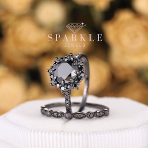 Vintage Round Black Moissanite Halo Engagement Ring Set, Unique Rhodium Black Finish Floral Bridal Set Gothic Black Promise Wedding Ring Set