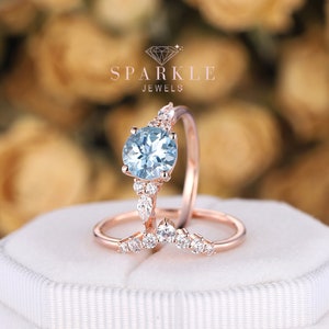 Vintage Round Aquamarine Engagement Ring, Unique Blue Aquamarine Wedding Set, 14K 18K  Rose Gold Bridal Set Promise Ring, March Birthstone