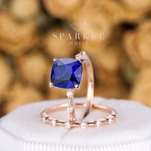 Vintage Cushion Cut Sapphire Engagement Ring Set, Unique 14K Rose Gold Sapphire and Hidden Halo Moissanite Wedding Set, Promise Ring for her