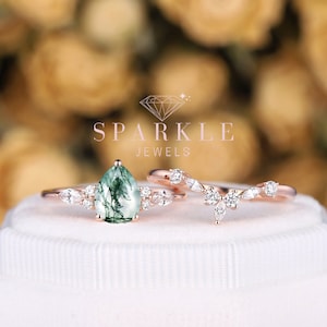 Vintage Pear Cut Moss Agate Engagement Ring Set, Moss Agate Promise Ring Set 14K Rose Gold Marquise Moissanite Wedding Ring Anniversary Ring