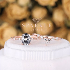 Oval Shape Gray Moissanite and Diamond Engagement Ring Set, Vintage 14K Rose Gold Grey Moissanite Hidden Halo Promise Ring Gift for Women