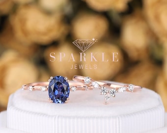Vintage Oval Cornflower Blue Sapphire Engagement Ring Unique Wedding Set Art Deco Rose Gold Hidden Halo Promise Ring Gift for her Women Mom