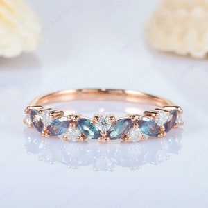 Alexandrite and Moissanite Wedding Band, Half Eternity Alexandrite Matching Band, Alexandrite Straight Band, Marquise Alexandrite Ring
