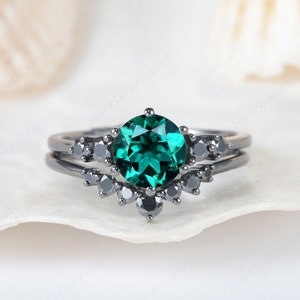 Vintage Black Gold Finish Round Shape Emerald Engagement Ring Set, Black Moissanite Promise Ring Gift ,Unique Rhodium Black Dark Wedding Set