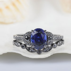 Rhodium Black Gold Finish Blue Sapphire Engagement Ring Set, Vintage Black Moissanite Sapphire Bridal Set, Unique Oval Sapphire Wedding Set