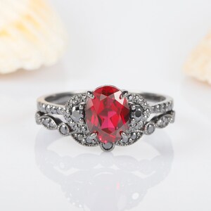 Black Gold Finish Oval Ruby Ring Set, Vintage Black Moissanite July Birthstone Bridal Set ,Unique Ruby Rhodium Black Dark Wedding Set Gifts