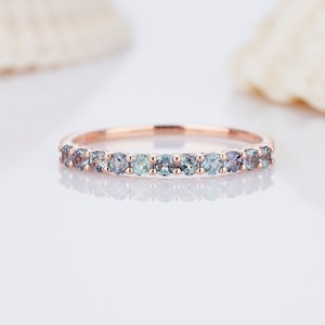 Vintage Alexandrite Wedding Band, Unique Half Eternity Alexandrite Matching Band, 10k 14k Rose Gold Straight Band, Silver 925 Stackable Band