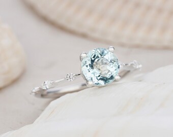 Vintage Round Aquamarine Engagement Ring, Unique March Birthstone 14K White Gold Aquamarine Anniversary Promise Ring, Beautiful Wedding Ring