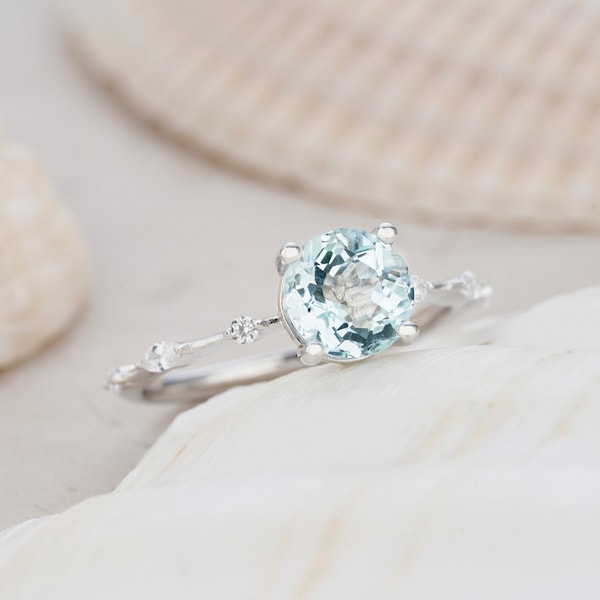 Vintage Round Aquamarine Engagement Ring, Unique March Birthstone 14K White Gold Aquamarine Anniversary Promise Ring, Beautiful Wedding Ring