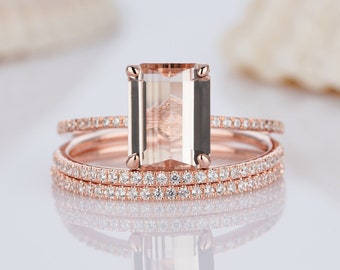 3pcs Vintage Pink Morganite Diamond Engagement Ring Set Rose Gold Emerald Cut Peach Morganite Bridal Set Moissanite Wedding Ring For Women