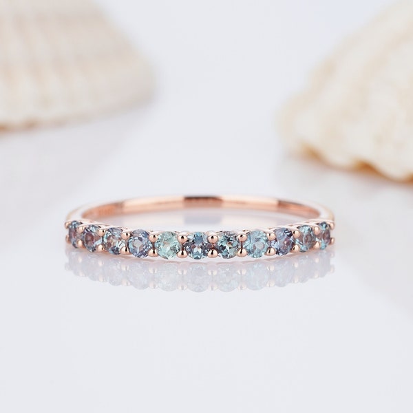 Vintage Alexandrite Wedding Band, Unique Half Eternity Alexandrite Matching Band, 14k Rose Gold Straight Band, Silver 925 Stackable Band