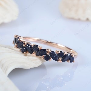 Vintage Marquise Blue Sandstone Wedding Band, Half Eternity Starry Blue Sandstone Matching Band,14k Rose Gold Straight Band, Unique Ring